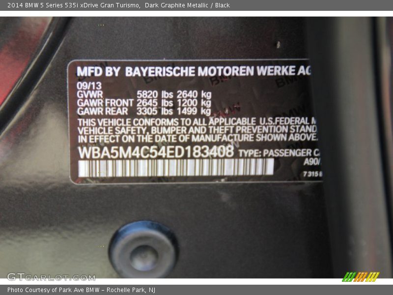 2014 5 Series 535i xDrive Gran Turismo Dark Graphite Metallic Color Code A90