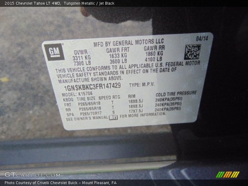 Tungsten Metallic / Jet Black 2015 Chevrolet Tahoe LT 4WD