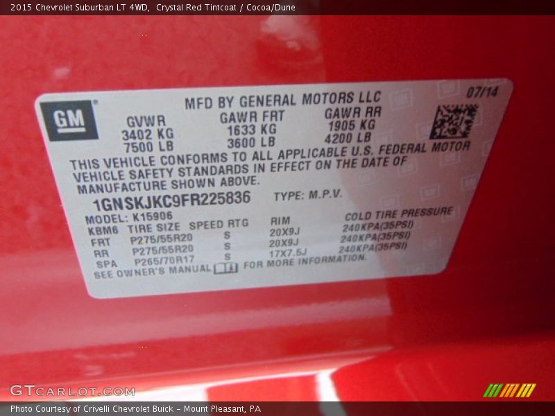 Crystal Red Tintcoat / Cocoa/Dune 2015 Chevrolet Suburban LT 4WD
