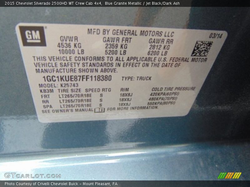 Blue Granite Metallic / Jet Black/Dark Ash 2015 Chevrolet Silverado 2500HD WT Crew Cab 4x4