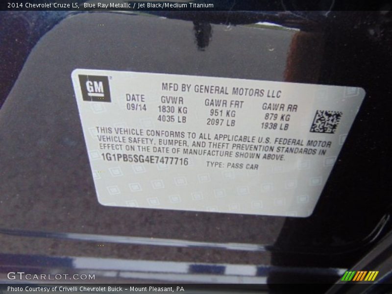 Blue Ray Metallic / Jet Black/Medium Titanium 2014 Chevrolet Cruze LS