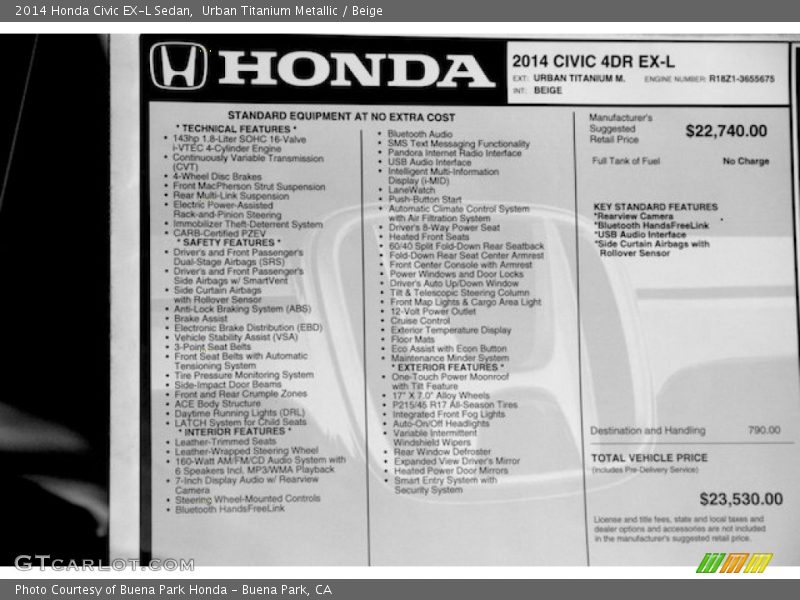 Urban Titanium Metallic / Beige 2014 Honda Civic EX-L Sedan