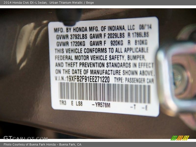 Urban Titanium Metallic / Beige 2014 Honda Civic EX-L Sedan