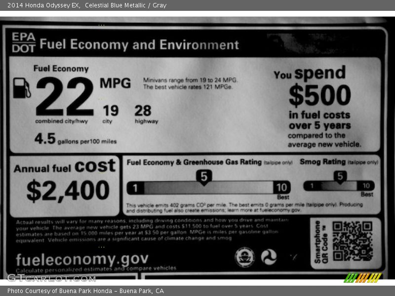 Celestial Blue Metallic / Gray 2014 Honda Odyssey EX