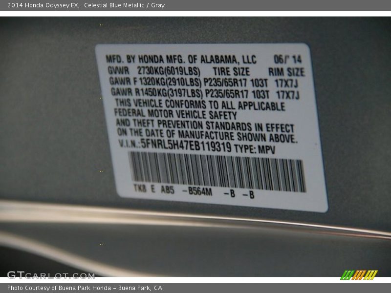 Celestial Blue Metallic / Gray 2014 Honda Odyssey EX