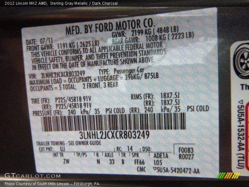 Sterling Gray Metallic / Dark Charcoal 2012 Lincoln MKZ AWD
