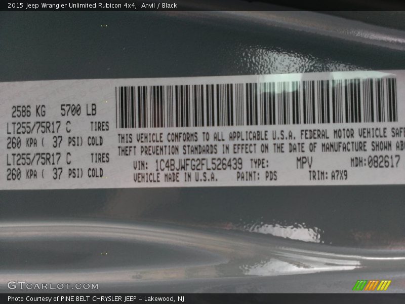 2015 Wrangler Unlimited Rubicon 4x4 Anvil Color Code PDS