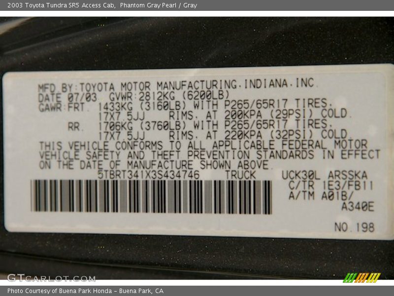 2003 Tundra SR5 Access Cab Phantom Gray Pearl Color Code 1E3