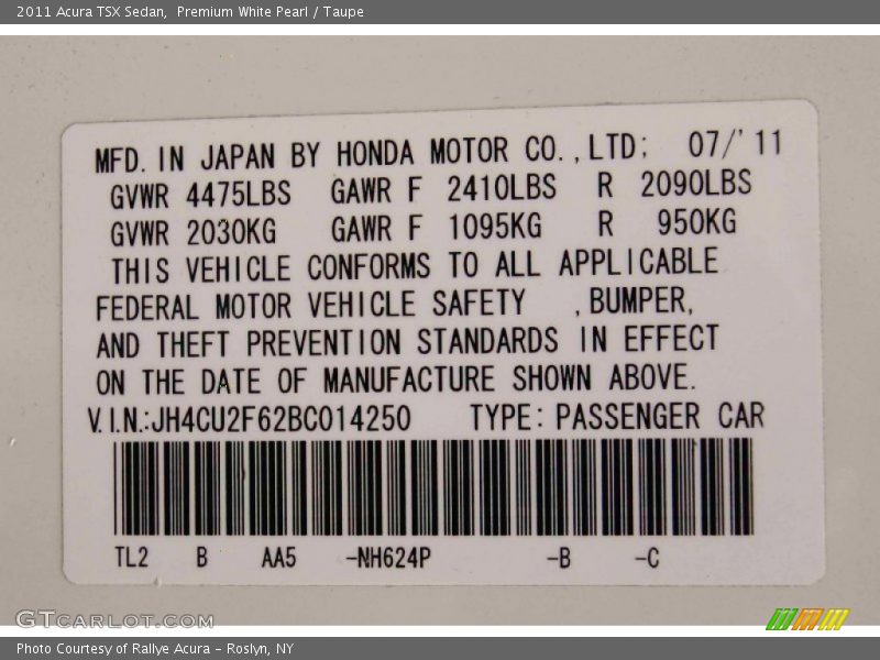 Premium White Pearl / Taupe 2011 Acura TSX Sedan