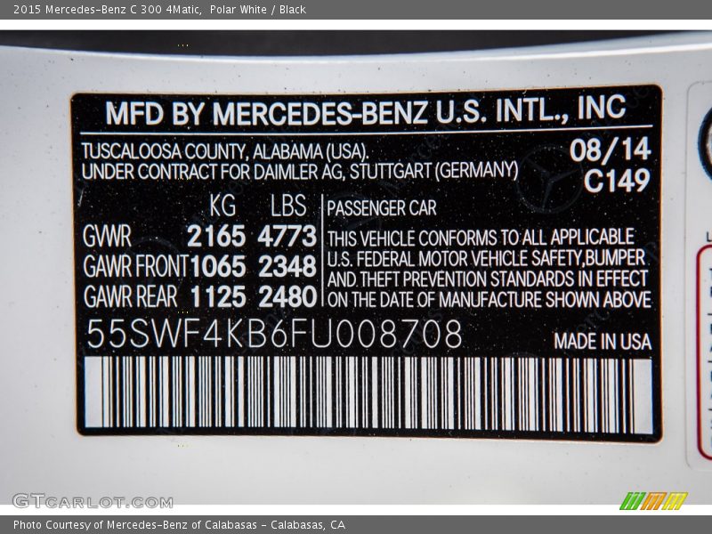 Polar White / Black 2015 Mercedes-Benz C 300 4Matic
