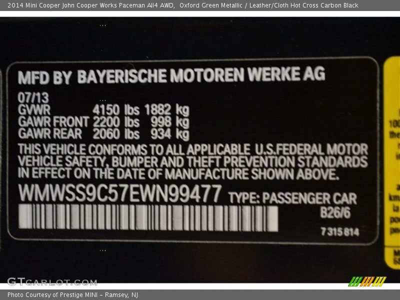 Oxford Green Metallic / Leather/Cloth Hot Cross Carbon Black 2014 Mini Cooper John Cooper Works Paceman All4 AWD