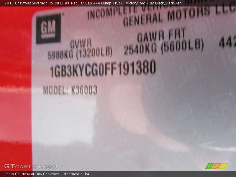 Victory Red / Jet Black/Dark Ash 2015 Chevrolet Silverado 3500HD WT Regular Cab 4x4 Dump Truck