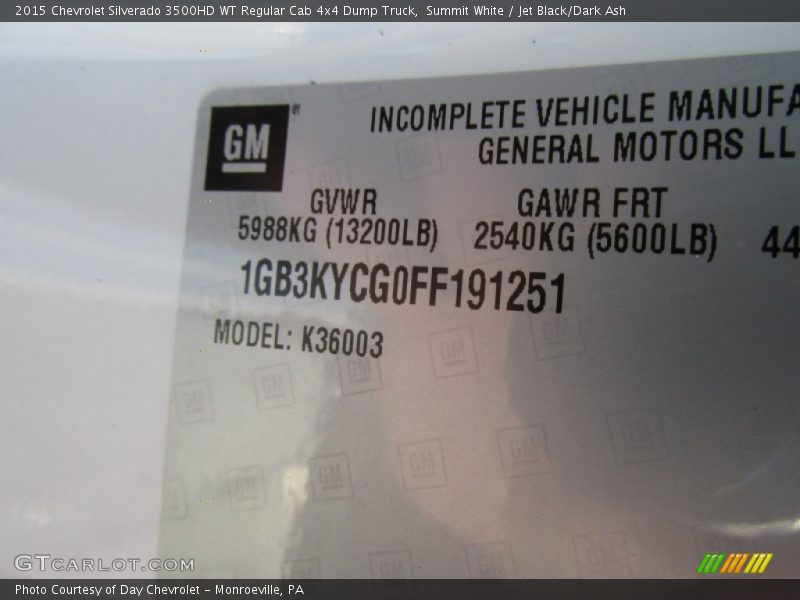 Summit White / Jet Black/Dark Ash 2015 Chevrolet Silverado 3500HD WT Regular Cab 4x4 Dump Truck