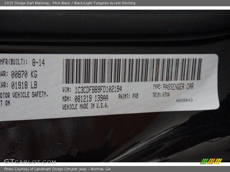 Pitch Black / Black/Light Tungsten Accent Stitching 2015 Dodge Dart Blacktop