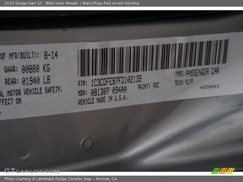 Billet Silver Metallic / Black/Ruby Red Accent Stitching 2015 Dodge Dart GT