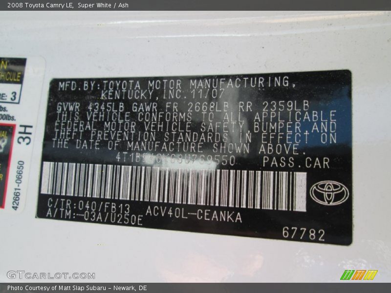 Super White / Ash 2008 Toyota Camry LE