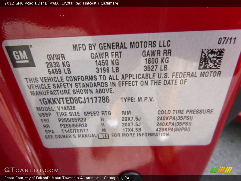 Crystal Red Tintcoat / Cashmere 2012 GMC Acadia Denali AWD