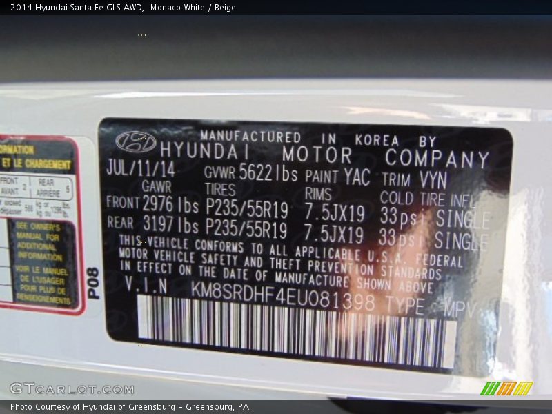 2014 Santa Fe GLS AWD Monaco White Color Code YAC