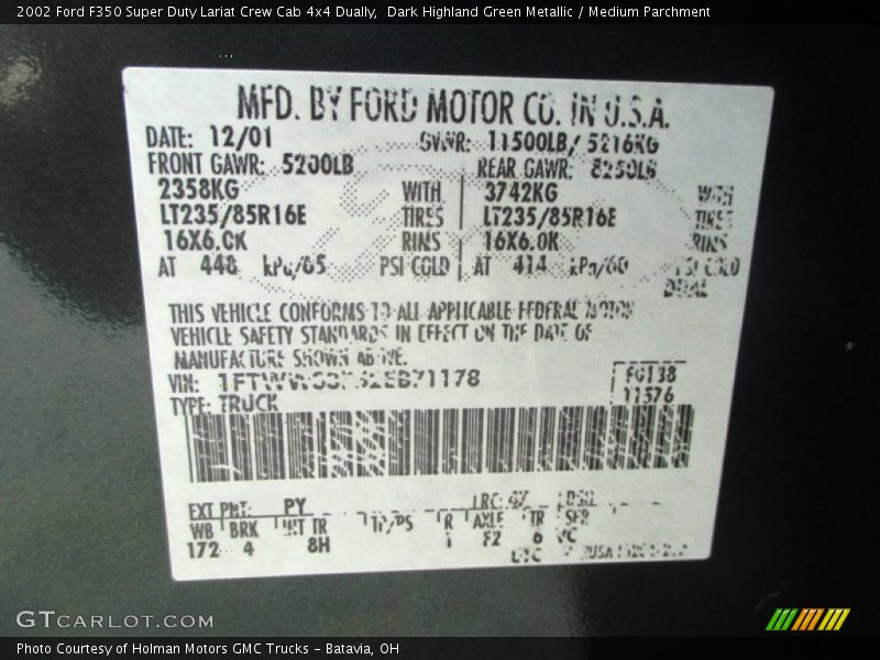 2002 F350 Super Duty Lariat Crew Cab 4x4 Dually Dark Highland Green Metallic Color Code PY