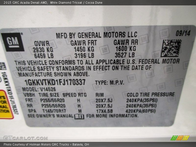 White Diamond Tricoat / Cocoa Dune 2015 GMC Acadia Denali AWD