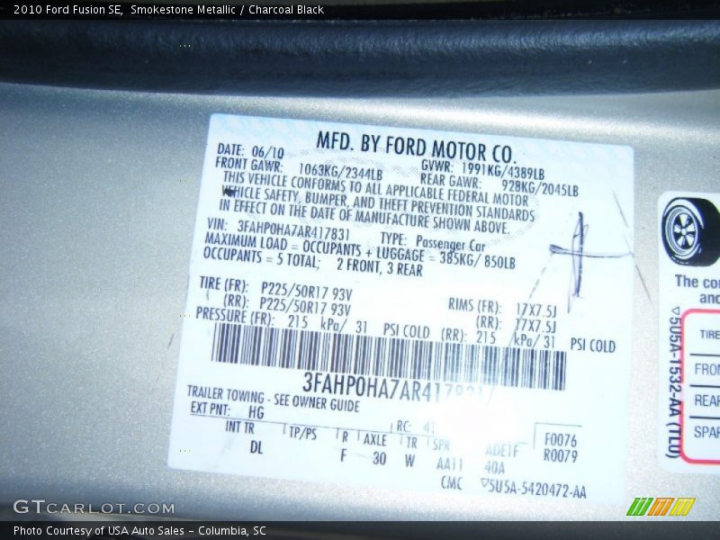 Smokestone Metallic / Charcoal Black 2010 Ford Fusion SE