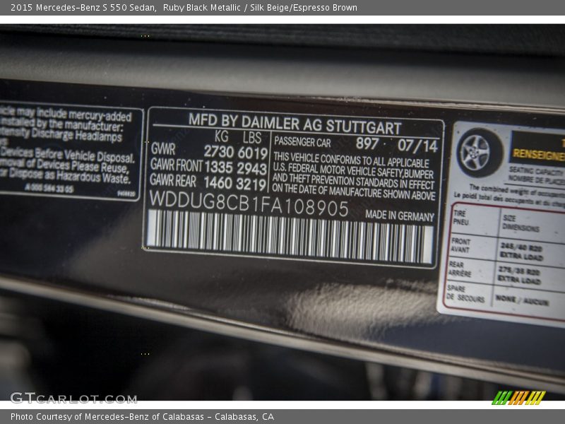 2015 S 550 Sedan Ruby Black Metallic Color Code 897