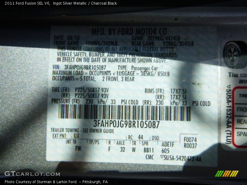Ingot Silver Metallic / Charcoal Black 2011 Ford Fusion SEL V6