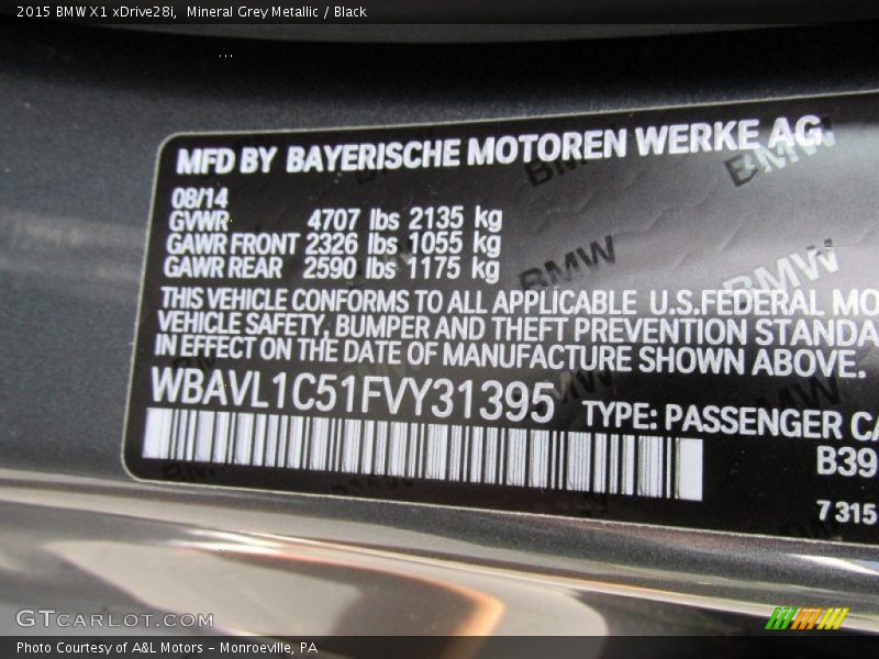 Mineral Grey Metallic / Black 2015 BMW X1 xDrive28i
