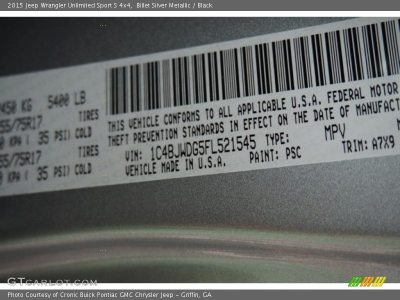 2015 Wrangler Unlimited Sport S 4x4 Billet Silver Metallic Color Code PSC
