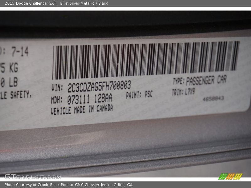 2015 Challenger SXT Billet Silver Metallic Color Code PSC