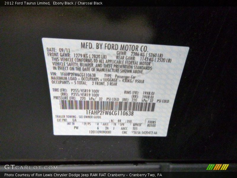 Ebony Black / Charcoal Black 2012 Ford Taurus Limited