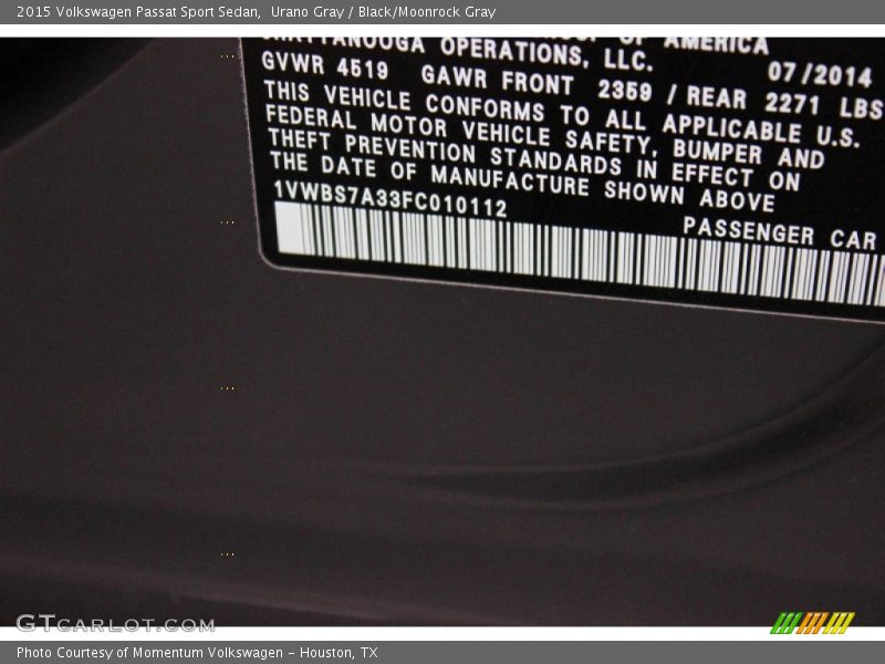 Urano Gray / Black/Moonrock Gray 2015 Volkswagen Passat Sport Sedan