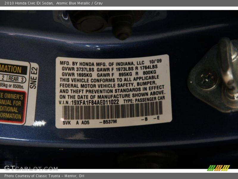 Atomic Blue Metallic / Gray 2010 Honda Civic EX Sedan