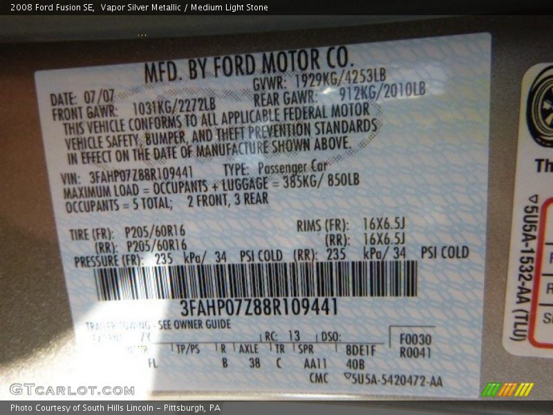 Vapor Silver Metallic / Medium Light Stone 2008 Ford Fusion SE