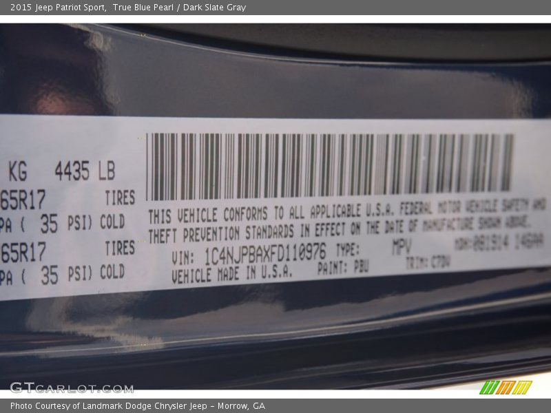 2015 Patriot Sport True Blue Pearl Color Code PBU