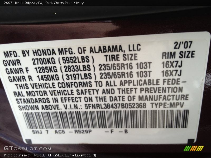 Dark Cherry Pearl / Ivory 2007 Honda Odyssey EX