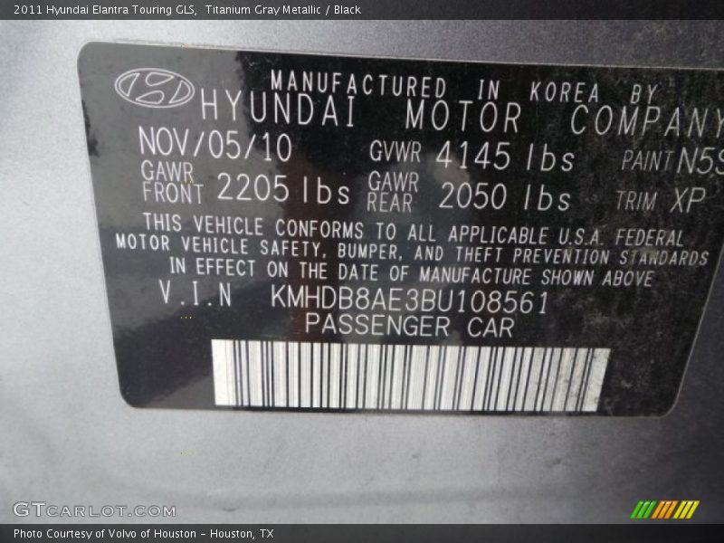 Titanium Gray Metallic / Black 2011 Hyundai Elantra Touring GLS
