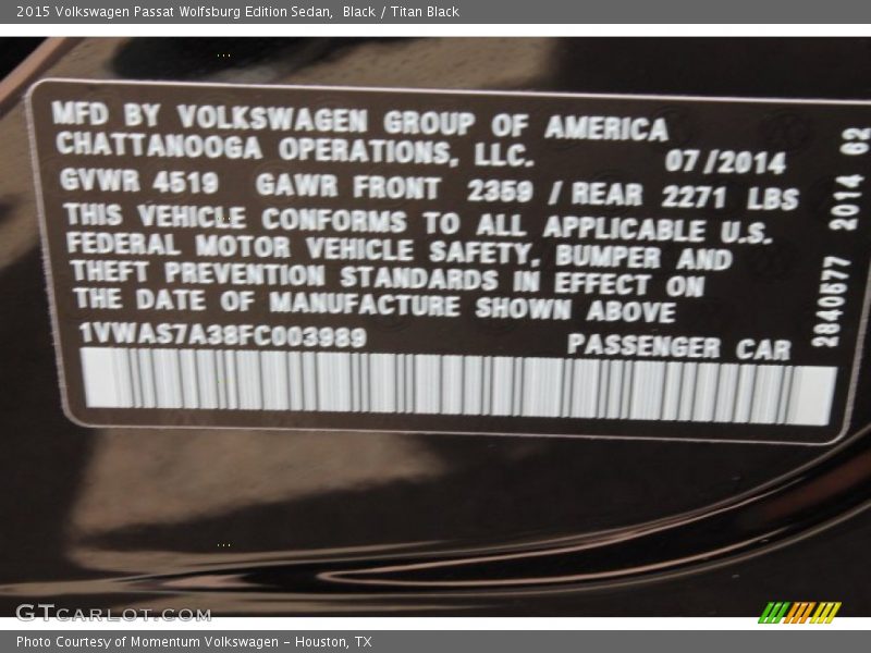 Black / Titan Black 2015 Volkswagen Passat Wolfsburg Edition Sedan