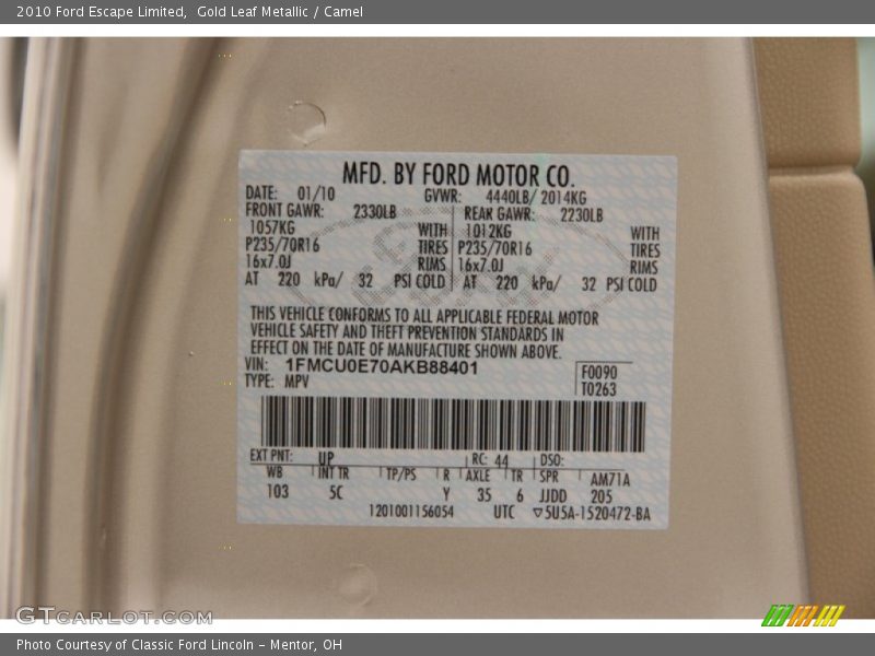 Gold Leaf Metallic / Camel 2010 Ford Escape Limited