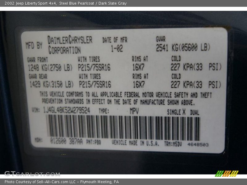 Steel Blue Pearlcoat / Dark Slate Gray 2002 Jeep Liberty Sport 4x4