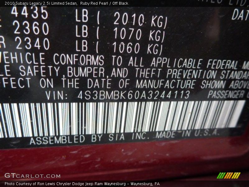 Ruby Red Pearl / Off Black 2010 Subaru Legacy 2.5i Limited Sedan