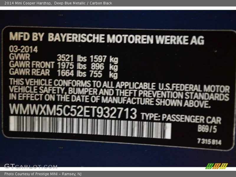 Deep Blue Metallic / Carbon Black 2014 Mini Cooper Hardtop