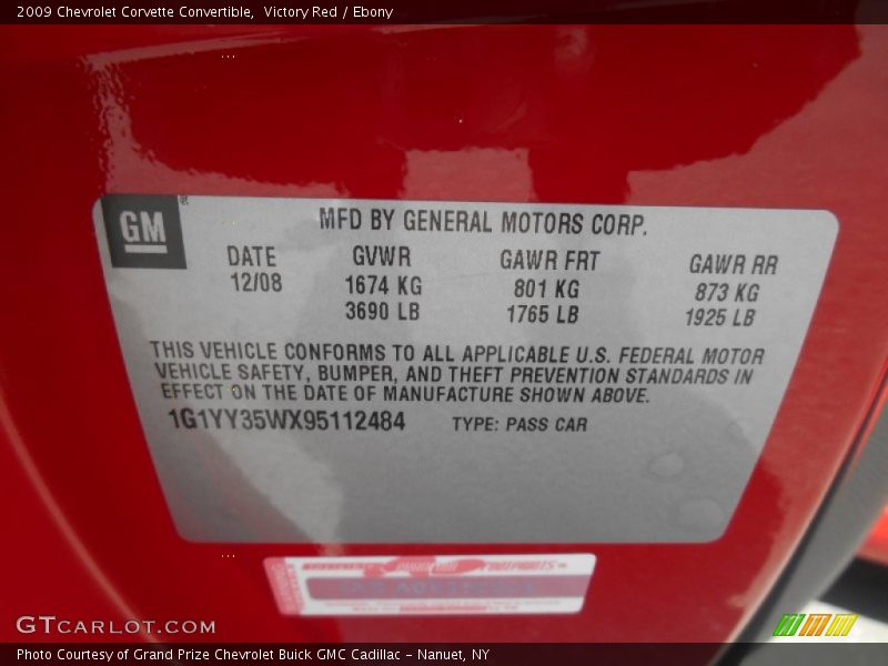 Info Tag of 2009 Corvette Convertible