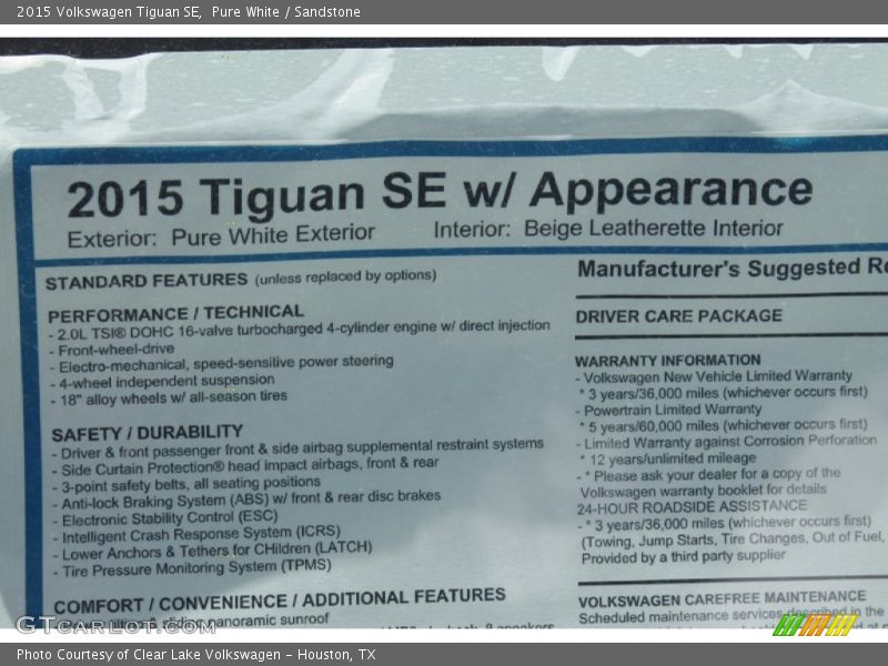 Pure White / Sandstone 2015 Volkswagen Tiguan SE