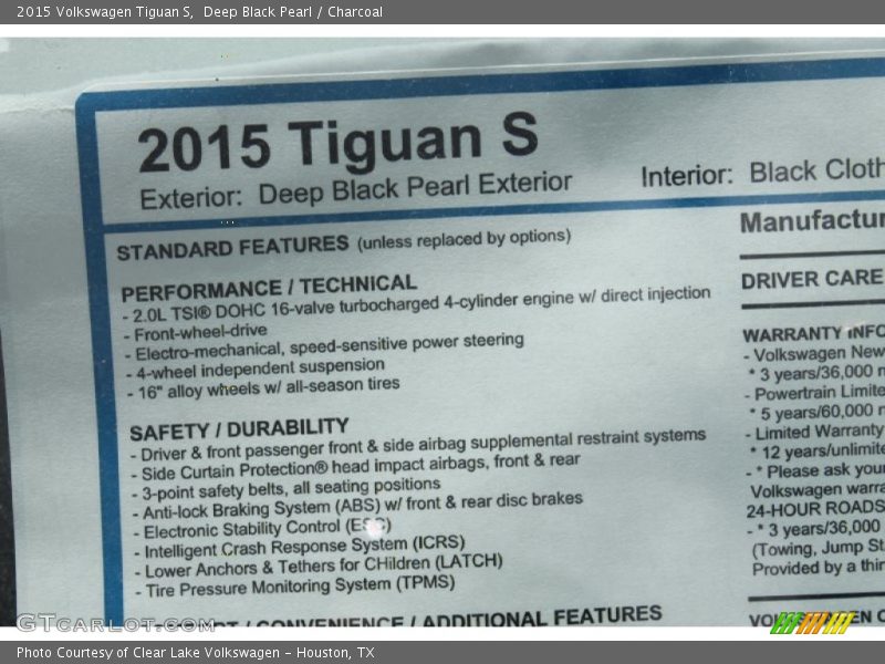  2015 Tiguan S Window Sticker