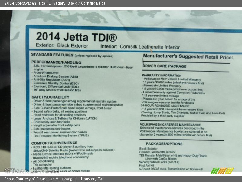 Black / Cornsilk Beige 2014 Volkswagen Jetta TDI Sedan