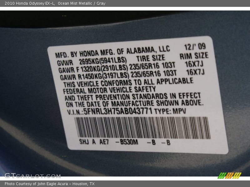 Ocean Mist Metallic / Gray 2010 Honda Odyssey EX-L