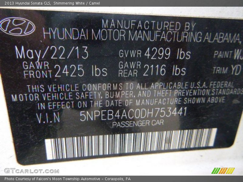 Shimmering White / Camel 2013 Hyundai Sonata GLS