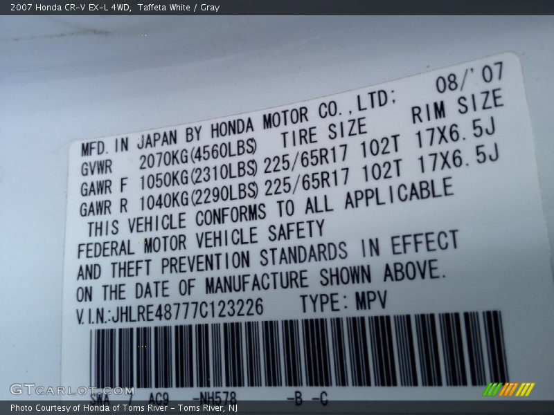 Taffeta White / Gray 2007 Honda CR-V EX-L 4WD