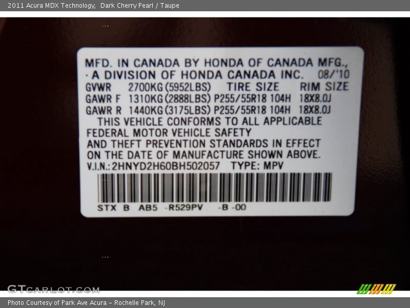 Dark Cherry Pearl / Taupe 2011 Acura MDX Technology